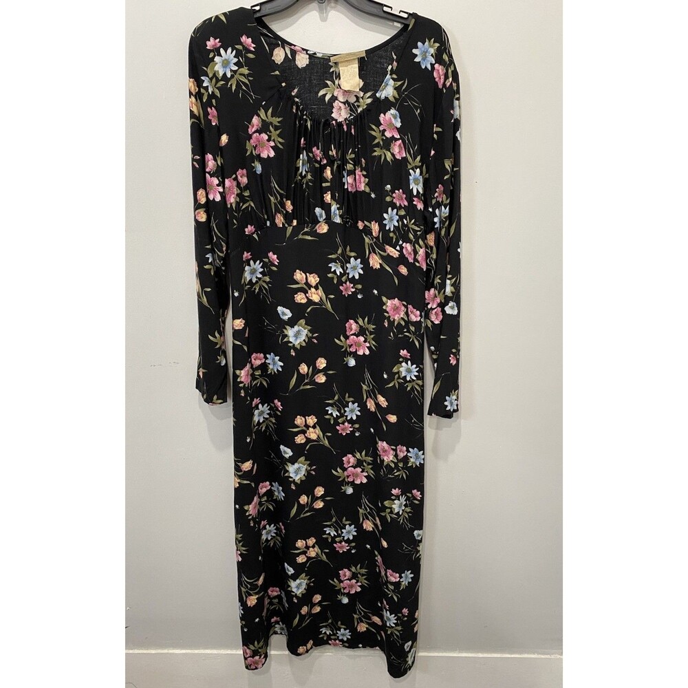 Vintage Karen T Black Floral Long Sleeve Midi Dress Size Large 90s Grunge Boho